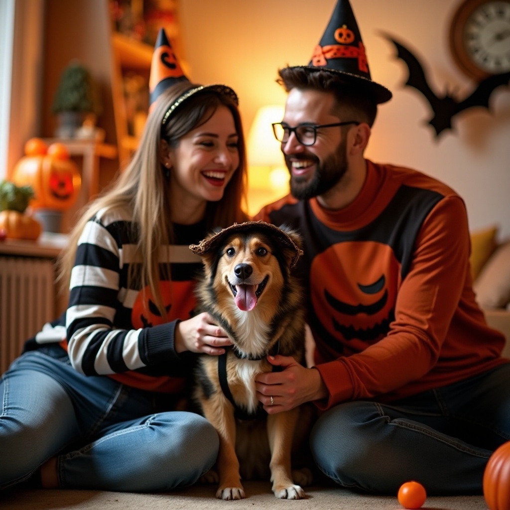 fantasia de Halloween para casais e cachorro