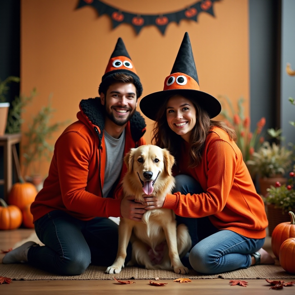 fantasia de Halloween para casais e cachorro